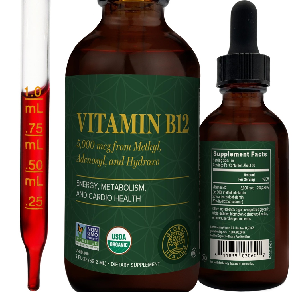 Global Healing - Vitamine biologique B12 5000 MCG Liquide sublingual - Méthylcobalamine, Hydroxo Blend & more - Gouttes méthylées pour adultes - Vegan, non-OGM, VIT B12, Supplément de vitamines (2 Oz)