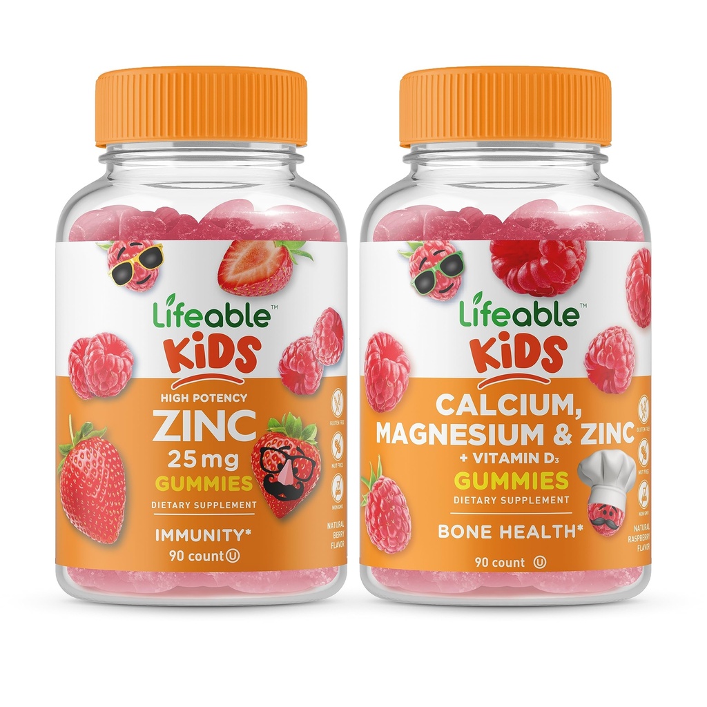Zinc Lifeable 25mg Enfants + Calcium Magnésium & Zinc Enfants, Gommies Bundle - Grande dégustation, supplément de vitamine, sans gluten, sans OGM, gommy à croquer