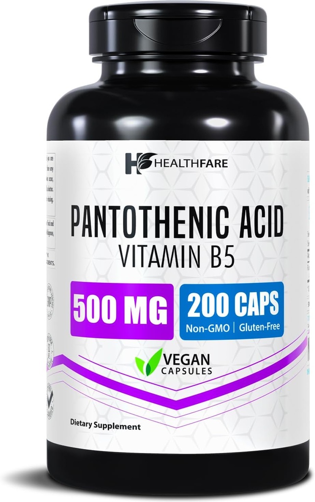 Santé Acide pantothénique 500mg Vitamine B5 Supplément de 200 capsules véganes Obtenir une énergie supplémentaire et un soutien au métabolisme Non-OGM, sans gluten Fabriqué aux États-Unis