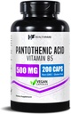 Santé Acide pantothénique 500mg Vitamine B5 Supplément de 200 capsules véganes Obtenir une énergie supplémentaire et un soutien au métabolisme Non-OGM, sans gluten Fabriqué aux États-Unis