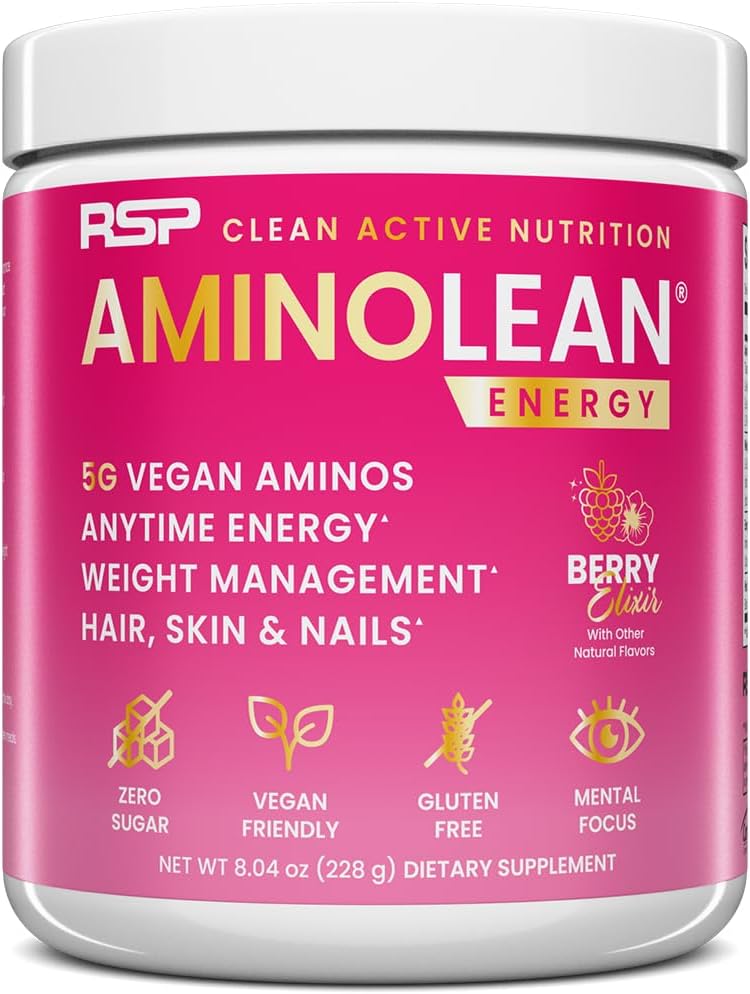 RSP NUTRITION AminoLean Préentraînement, énergie propre sans jitters, tétons ou corbeille, végétalien amical avec la biotine ajoutée pour les cheveux, la peau, les ongles, Berry Elixir, 30 portions