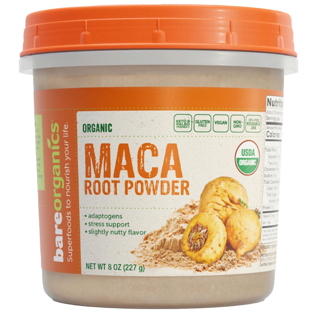 BareOrganics en poudre de racine de maca, biologique, végétalien, non-OGM, sans gluten, énergie et support d'endurance, 8 oz