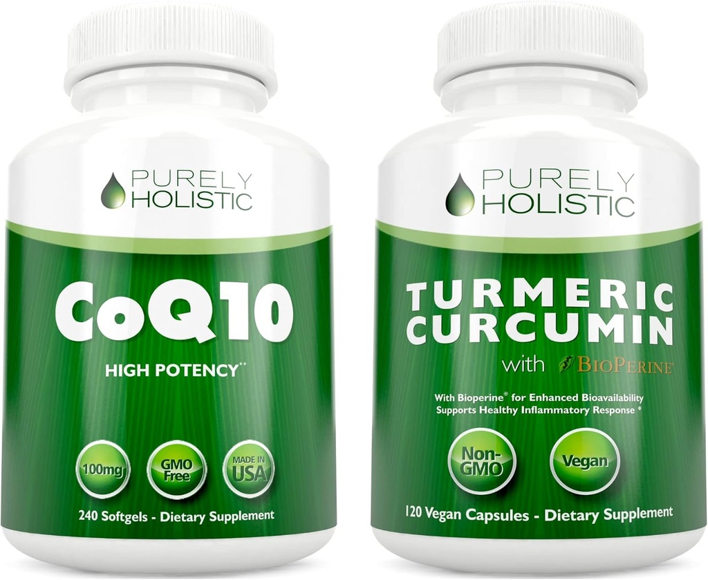 CoQ10 100mg + Curcumine curcuma biologique 700mg avec poivre noir Bioperine - 120 Softgels et 120 Capsules - 95% Curcuminoïdes - Fabriqués aux États-Unis