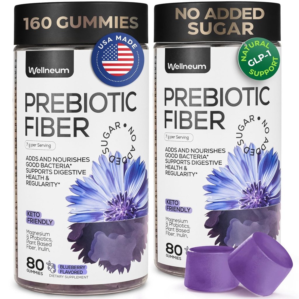 Gommies de fibre prébiotique élevée pour les femmes et les hommes 7G, 160 Pcs (2 Pack) - Support GLP-1 naturel - Fibre FOS de betterave, Magnésium, Inuline, Probiotique - Supplément Gummy pour la santé digestive - Sans sucre