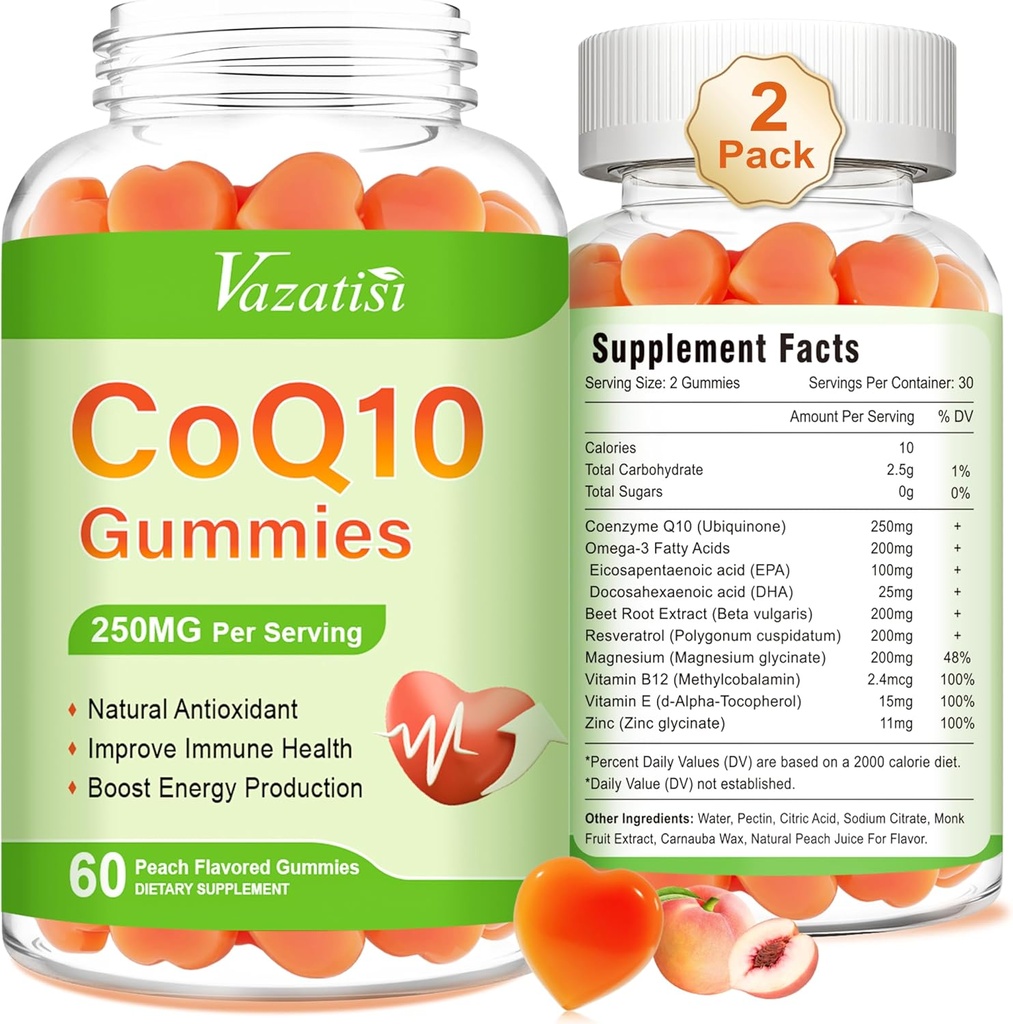 2 Pack CoQ10 Gummies 250 mg, Plus Oméga-3, Magnésium, Vitamine B12 pour l'énergie cellulaire, cerveau et antioxydant, 5X Meilleur supplément Coenzyme d'absorption Q10 - 120 Cts