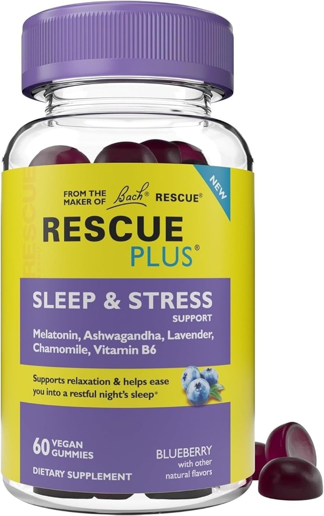 Bach RESCUE PLUS Sleep & Stress Support Gummies, Supplément diététique nocturne avec 1mg de mélatonine, Ashwagandha, Camomille, Lavande et vitamine B6, Saveur naturelle de bleuets, végétalien et sans gluten, 60 comte