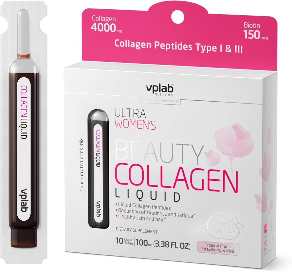 VPLab Ultra Women's Beauty Liquid Collagen - Biotin-Infused Multivitamin Complex with Peptides Type I & III Supplément pour la peau, les cheveux et les ongles - Mélange de boisson pour les femmes emballées avec le groupe de vitamine B,10