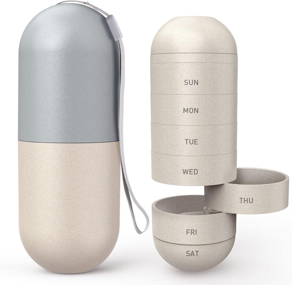 Zannaki Modernisation Grand Compartiment Fibre de Grain Moisture Proof Cute Weekly Pill Organizer, Laser Carving Markings, BPA Voyage libre Randonnée 7 jours Pill Box Case pour tenir les pilules, les vitamines, l'huile de poisson, suppléments