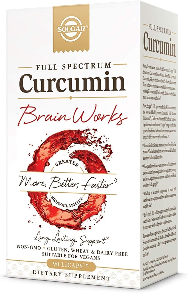 Solgar Full Spectrum Curcumin Cerveau Works, 90 Licaps - Soutien Mémoire Rappel, Focus, Fonction Cognitive - Support Antioxydant - Curcumin, BacoMind, Choline, Vitamine B12 - Non-OGM, Vegan - 30 portions