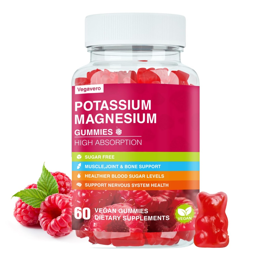 Gommies de magnésium de potassium - Haute absorption Glycinate de magnésium et Citrate de potassium Plus Coenzyme Q10, DHA, D3, Minéral et calcium pour Zzz, Crampes de jambe et Muscle - 60 Gommies de framboise