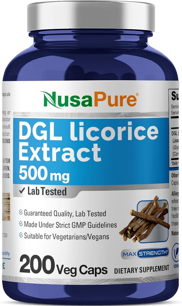 NusaPure DGL Licorice Extract 500 mg 200 Veggie Capsules (Vegan,Non-GMO)