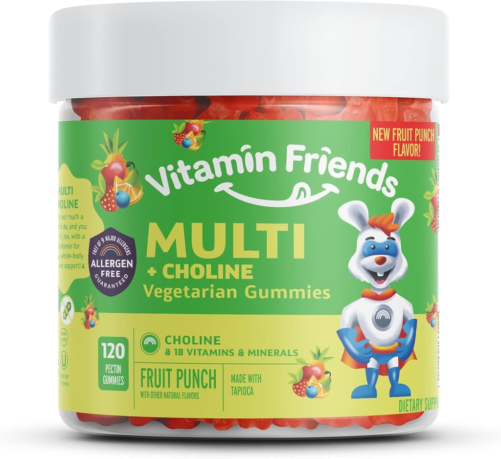 Vitamine Friends - Végétarien Multivitamine et Choline pour enfants - Soutien nutritionnel quotidien Gummies w/Vitamine C, D, E, A, B6, Zinc, Acide folique, Choline, Sélénium, Niacine, Thiamin, Biotine (30 jours)