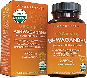 Supplément bio Ashwagandha avec poivre noir - Comprend 2250 mg de poudre de racine Ashwagandha et poivre noir biologique pour absorption supérieure (90 comprimés), antioxydant et soutien immunitaire