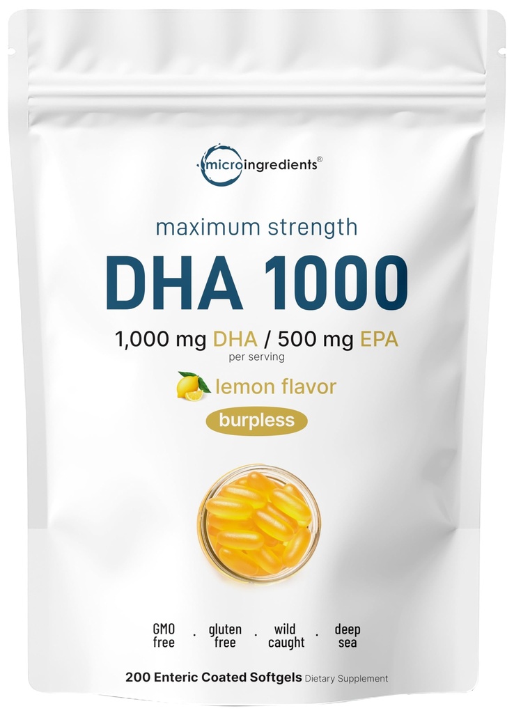 Omega 3 Huile de poisson Suppléments DHA 1000mg avec EPA 500mg, 200 Softgels – Lemon Aromatisé, Burpless (Enteric Coated)