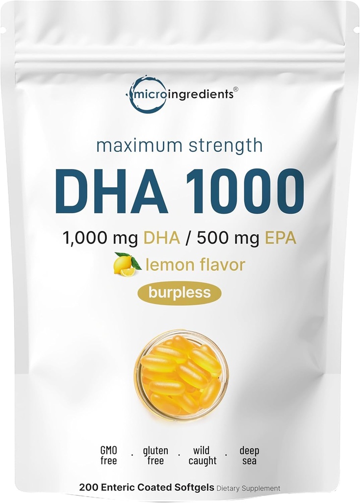 Omega 3 Huile de poisson Suppléments DHA 1000mg avec EPA 500mg, 200 Softgels – Lemon Aromatisé, Burpless (Enteric Coated)