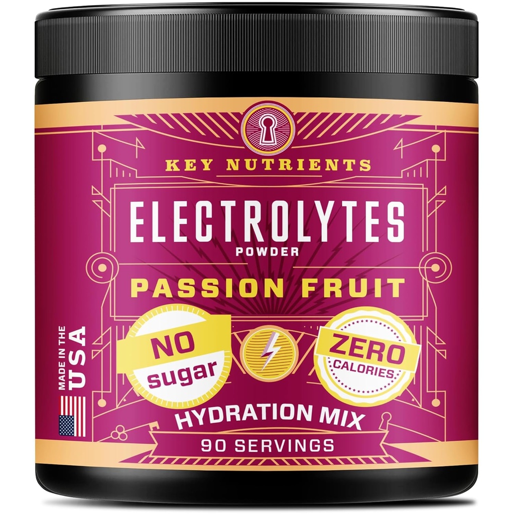 CLÉS NUTRIENTS Multivitamine Electrolytes Poudre Pas de sucre - Delicious Passion Fruit Electrolyte Poudre - Endurance & Supplément énergie - Poudre d'hydratation - Pas de Calories - 90 portions - Fabriqué aux États-Unis