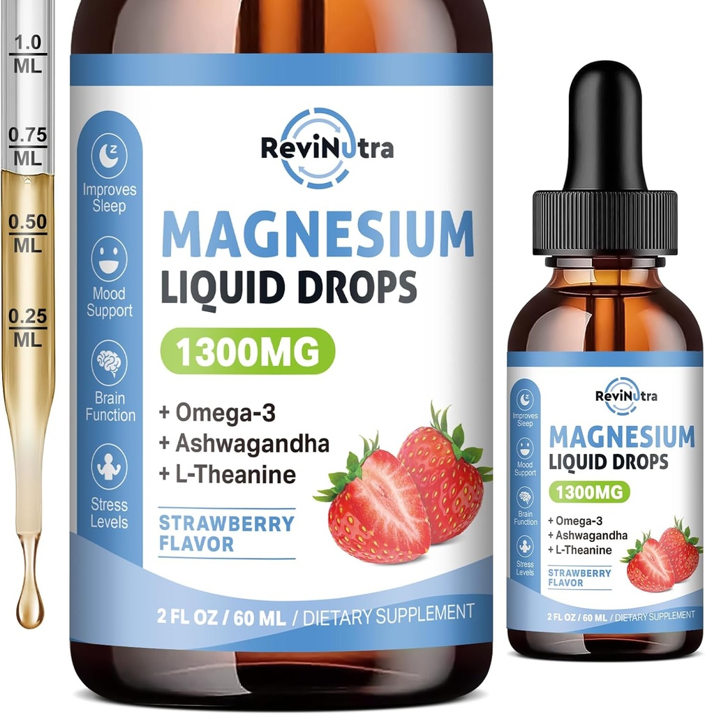 Triple Magnésium complexe gouttes liquides, 1300mg Magnésium Glycinate, Taurat et Citrate avec Oméga3, L-Theanine, Ashwagandha, Potassium, D3, B6, B12 pour calme, Sommeil, Muscle, Fraise, 2 Fl OZ