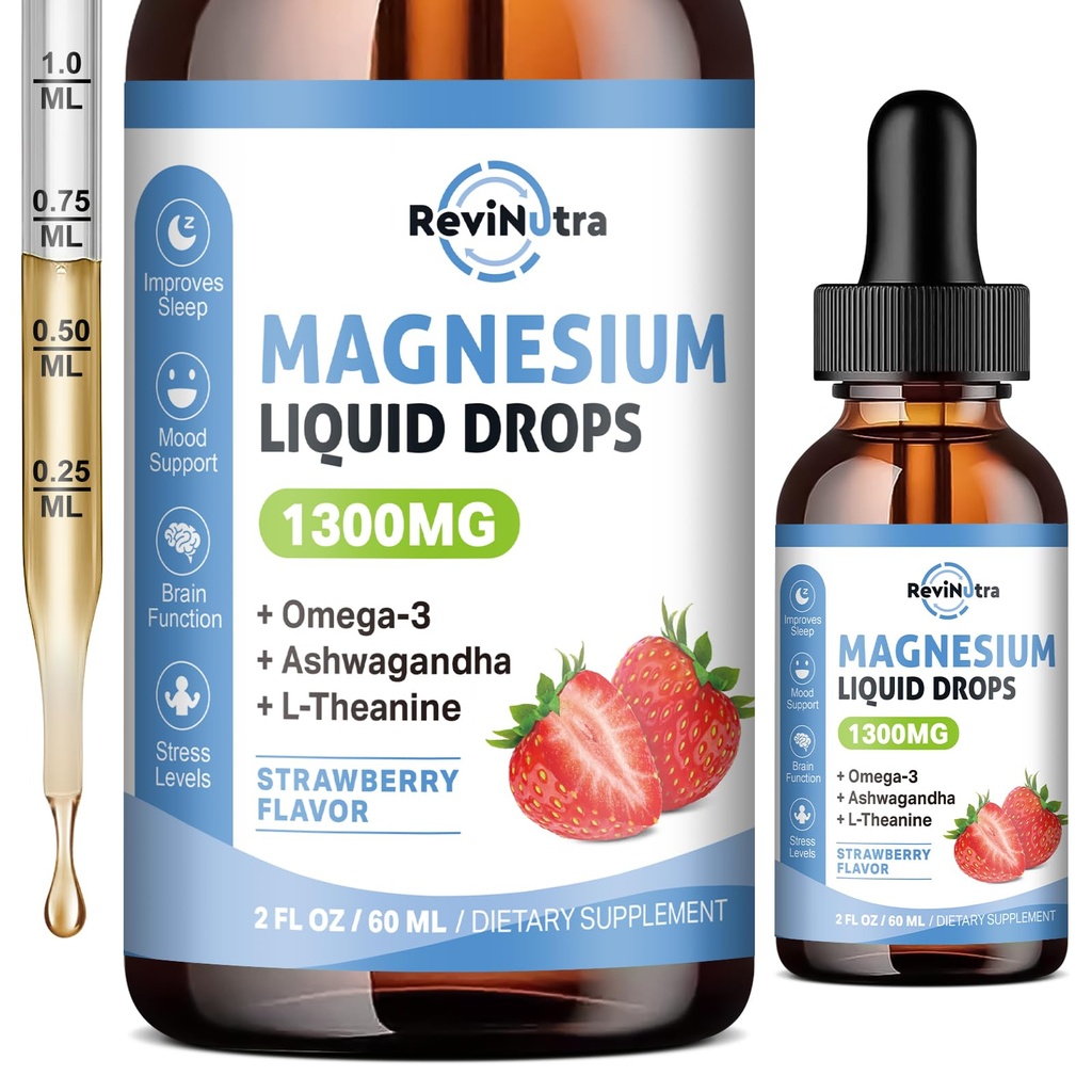 Triple Magnésium complexe gouttes liquides, 1300mg Magnésium Glycinate, Taurat et Citrate avec Oméga3, L-Theanine, Ashwagandha, Potassium, D3, B6, B12 pour calme, Sommeil, Muscle, Fraise, 2 Fl OZ