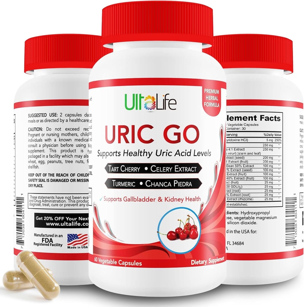 #1 URIC GO Uric Acid Cleanse Support Supplément pour G.O.U.T - Nettoyant naturel du rein Detox Formule Chanca Piedra, Celery Seed, Tart Cherry, Cranberry, grenade, curcuma, végétalien non-OGM 60 Capsules