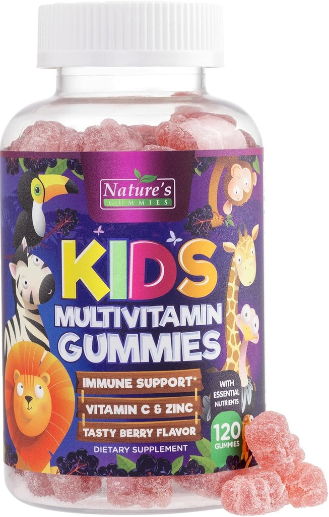 Multivitamines pour enfants - Gommies multivitamines quotidiennes complètes pour enfants avec vitamine D, vitamine B, zinc et plus - Énergie, concentration de la mémoire et soutien à la santé immunitaire - Berry Flavor Chew naturel - 120 Gommies