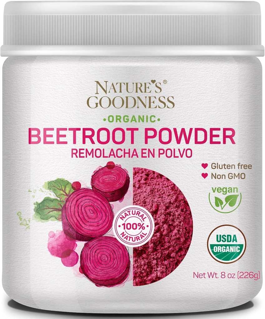 Bonté de la nature Poudre de racine de betterave – 56 portions (8oz) - Booster d'oxyde nitrique pour l'énergie, l'endurance, la santé cardiaque et la performance athlétique