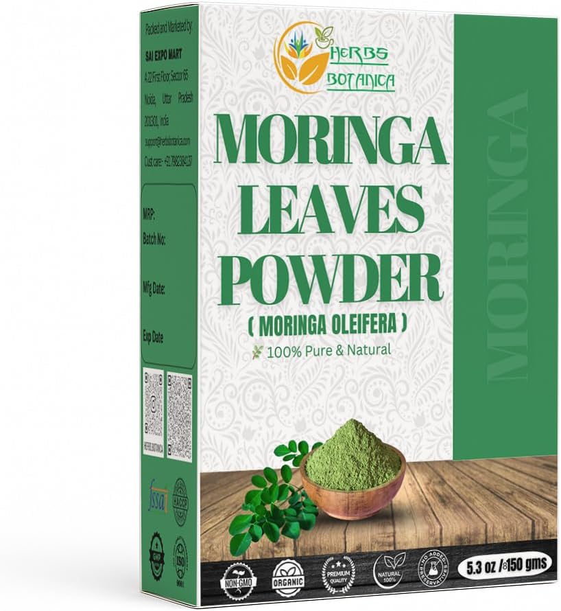 Herbs Botanica Moringa Leaf Powder Leaves oleifera Pure Premium Indian Powder Natural Fresh Morning Drink Vitamins and Immune Vitamin Superfoods 5.3oz Pack