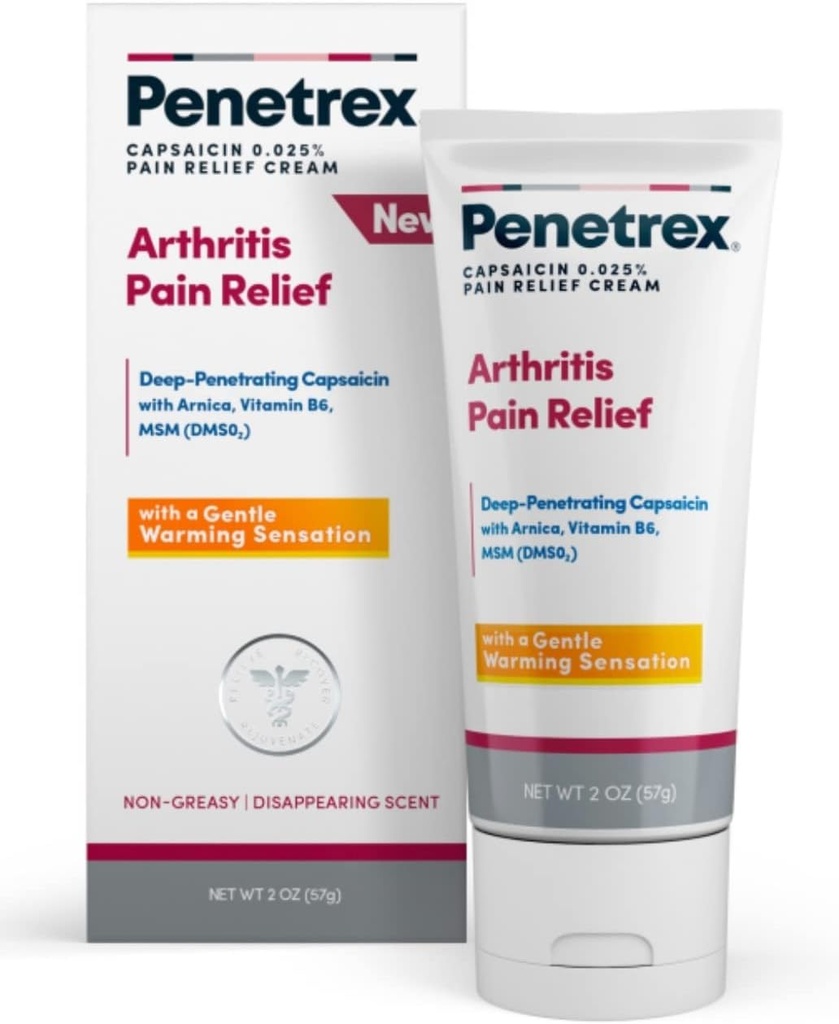 Crème de soulagement de la douleur chaude Penetrex - Capsaicin pénétrant profond avec Arnica, Vitamine B6 & MSM(DMSO2) - Appliquer sur les mains, poignets, pieds, genoux, elbows et autres zones touchées, 2 oz