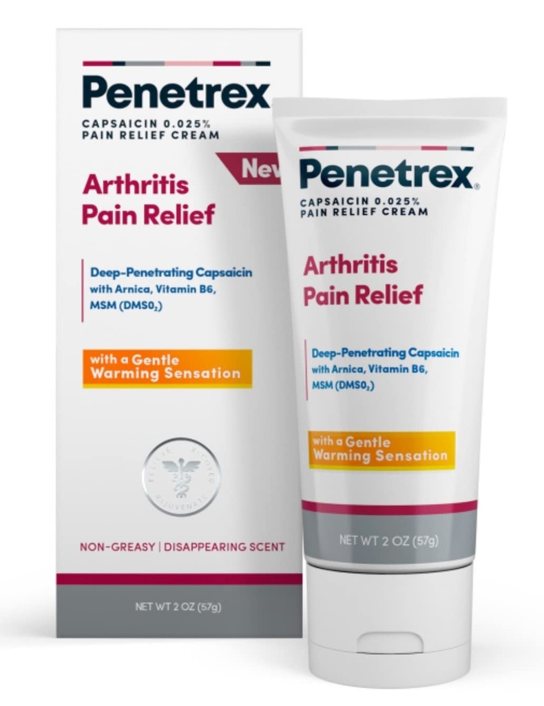 Crème de soulagement de la douleur chaude Penetrex - Capsaicin pénétrant profond avec Arnica, Vitamine B6 & MSM(DMSO2) - Appliquer sur les mains, poignets, pieds, genoux, elbows et autres zones touchées, 2 oz