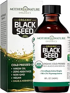 Mère Nature USDA Huile de graine noire biologique, haute TQ 2%, pressé à froid, Nigella Sativa non raffinée, Omega 3 6 9 pour Immune, Soutien articulaire et cardiaque, Cheveux et peau, Non-OGM, Bouteille de verre (8oz)