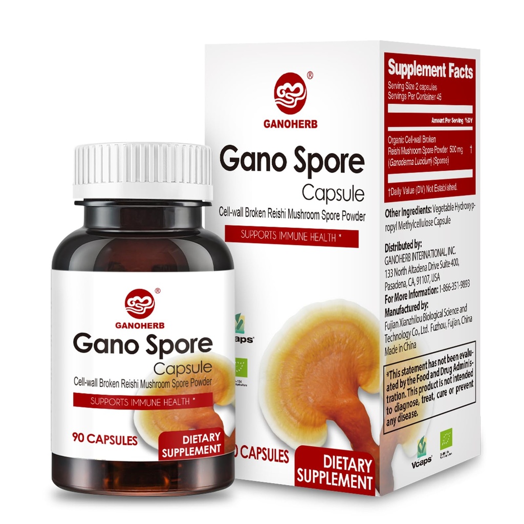 Capsules de champignons bio Reishi avec 100% Ganoderma Lucidum Reishi poudre de spore pour boost système immunitaire, végétalien, tous naturels, sans OGM et sans gluten, 60 capsules de légumes