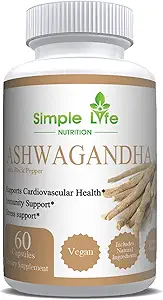 Ashwagandha - Capsules Vegan de Max Strength 1300MG - Poudre de racine 100 % pure non OGM avec poivre noir naturel 60CT