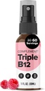 Complément Vitamine végane triple B12 Spray liquide- Mélange de 1500 mcg (60 portions) Arôme framboise- Absorption améliorée, énergie, humeur, système nerveux, fonction cognitive pour les enfants et les adultes
