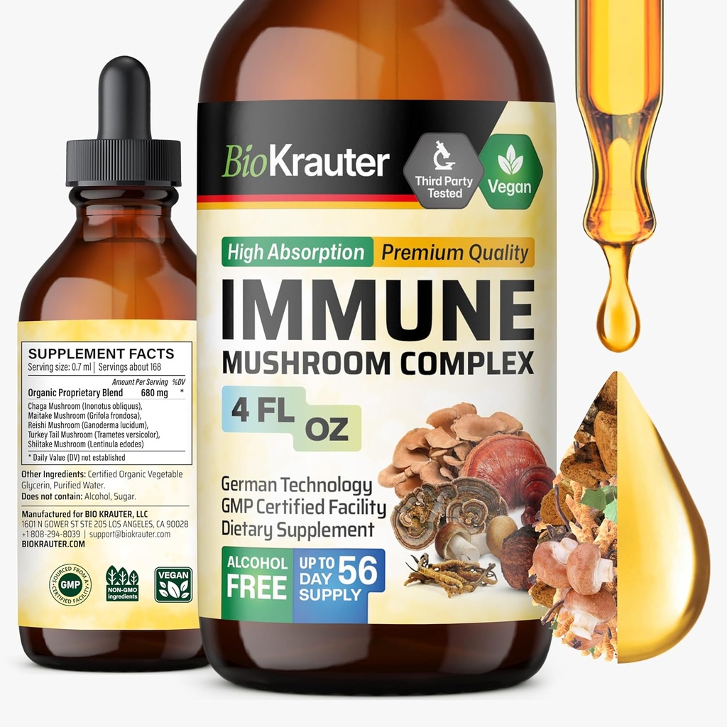 BIO KRAUTER Immune Support Supplément Champignons - Lions Mane, Shiitake, Turkey Tail, Reishi, Chaga & Maitake Liquide Extract - Champignon complexe Teinture - Vegan Drops 4 Fl.Oz.
