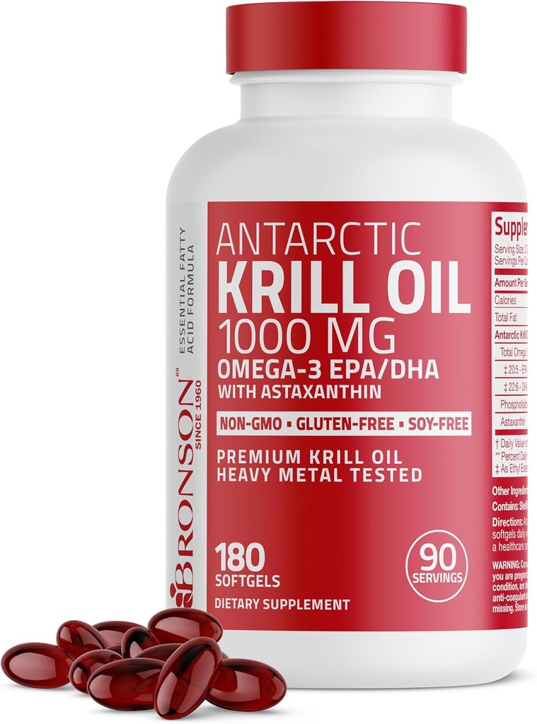 Bronson Antarctique Krill Oil 1000 mg avec Omega-3s EPA, DHA, Astaxanthin et Phospholipides 180 Softgels