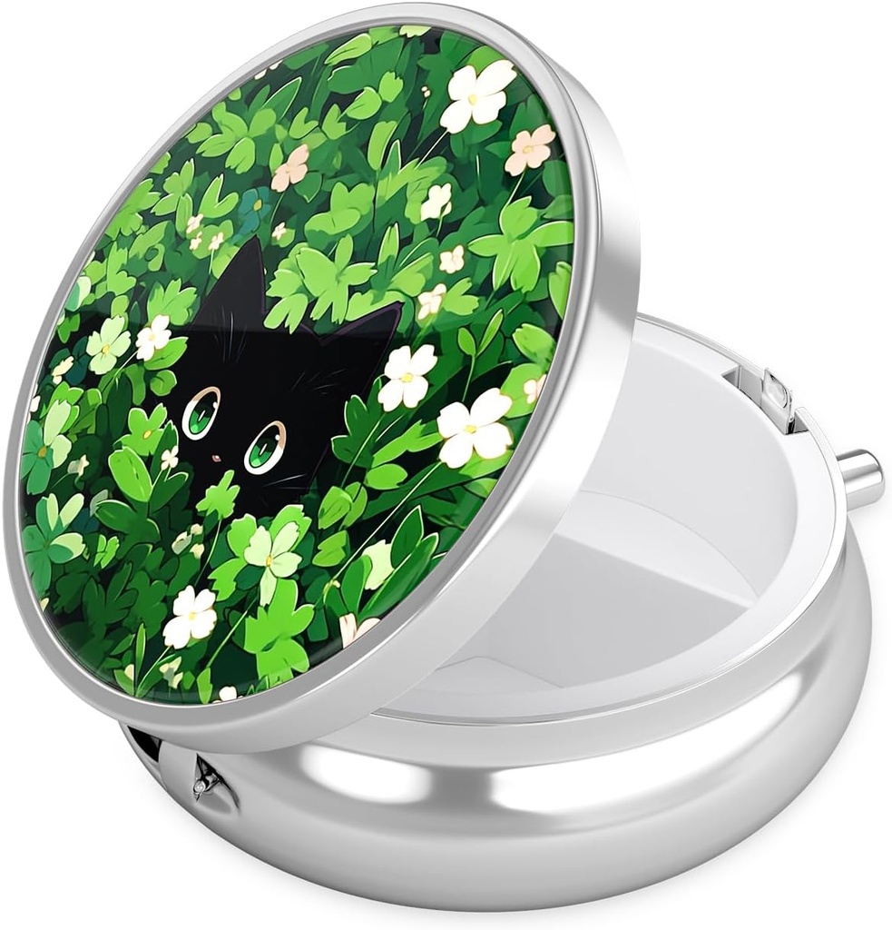 Boîte à pilules Nipichsha, petit étui à pilules pour la Purse & Pocket, Mignon organisateur de médecine de voyage, porte-conteneur de médicament portable pour tenir les vitamines, médicaments, huile de poisson et supplément, Green Leave Cat