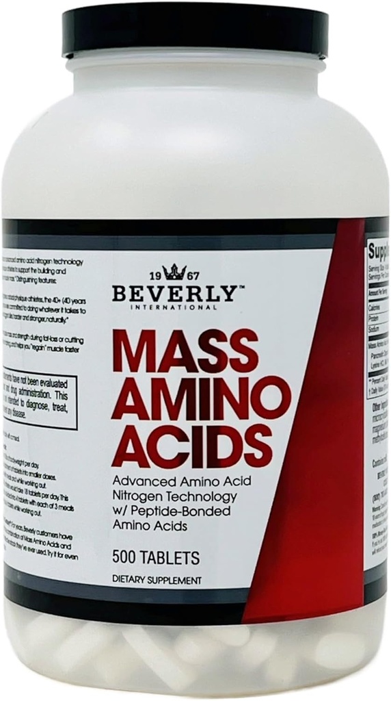 Beverly International Mass Amino Acides, 500 Tabs. Utilisez l'entraînement pré-post, avec repas, essentiel pour la récupération et la réparation musculaires. Profil complet de l'acide amino