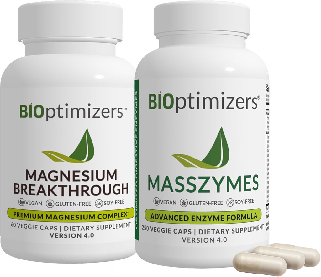 BiOptimizers Magnésium Breakthrough 4.0, (60 Capsules) et MassZymes 4.0, (250 Capsules) - Le sommeil naturel, le cerveau et le supplément de soutien de santé digestif