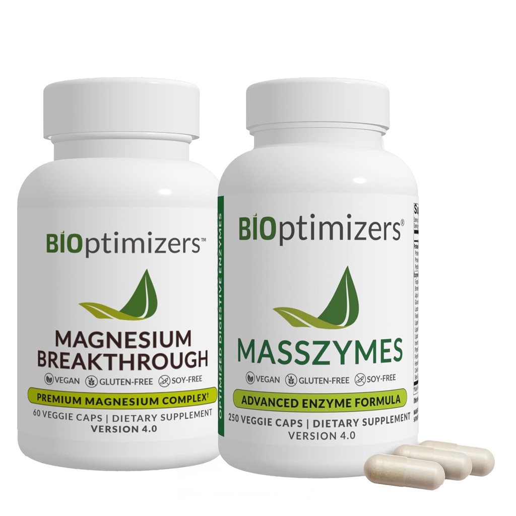 BiOptimizers Magnésium Breakthrough 4.0, (60 Capsules) et MassZymes 4.0, (250 Capsules) - Le sommeil naturel, le cerveau et le supplément de soutien de santé digestif