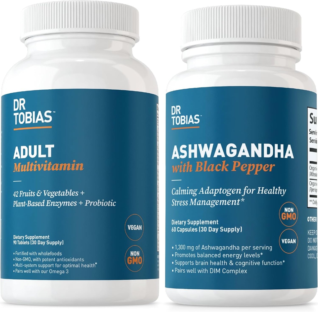 Dr Tobias Multivitamines adultes et Capsules Ashwagandha, Soutien général et équilibré énergie et résilience, végétalien, non-OGM