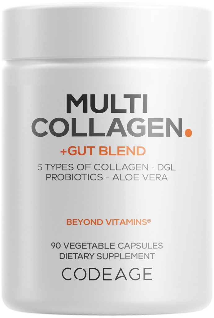 Codeage Multi Collagène + Supplément de mélange de Gut - Probiotiques digestifs, DGL Licorice, Aloe Vera, Feuille de menthe poivrée biologique, Elm slippery - Pilules de collagène bovin hydrolysée - Non-OGM - 90 capsules