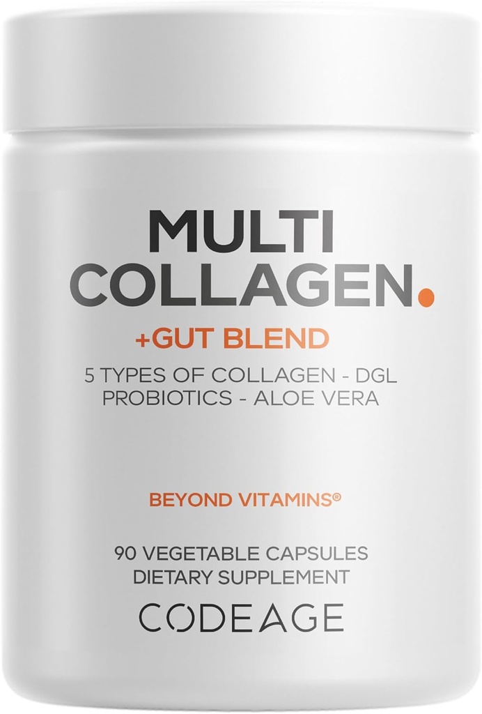 Codeage Multi Collagen + Gut Blend Supplement - Digestive Probiotics, DGL Licorice, Aloe Vera, Organic Peppermint Leaf, Slippery Elm - Hydrolyzed Bovine Collagen Pills - Non-GMO - 90 Capsules