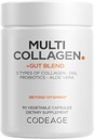 Codeage Multi Collagène + Supplément de mélange de Gut - Probiotiques digestifs, DGL Licorice, Aloe Vera, Feuille de menthe poivrée biologique, Elm slippery - Pilules de collagène bovin hydrolysée - Non-OGM - 90 capsules