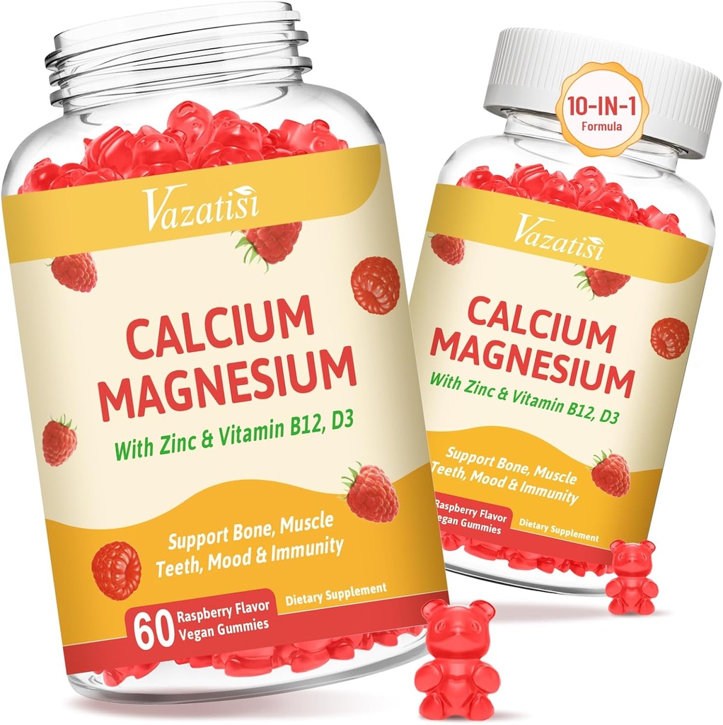 2 Pack Gommies Calcium avec Magnésium, Zinc, Vitamine D3 & B12, Suppléments Calcium pour les femmes hommes, soutien os, muscles et immunité, 120 Gommies Vegan Raspberry