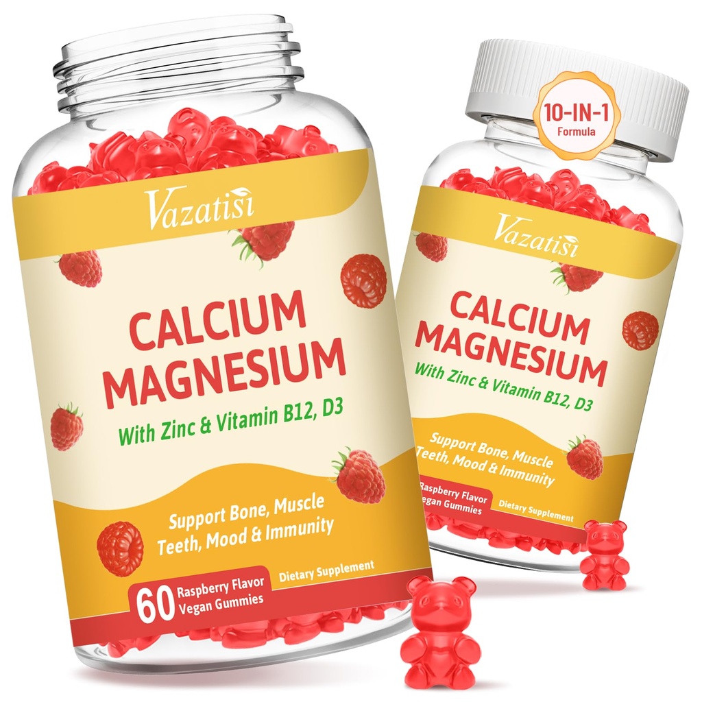 2 Pack Gommies Calcium avec Magnésium, Zinc, Vitamine D3 & B12, Suppléments Calcium pour les femmes hommes, soutien os, muscles et immunité, 120 Gommies Vegan Raspberry