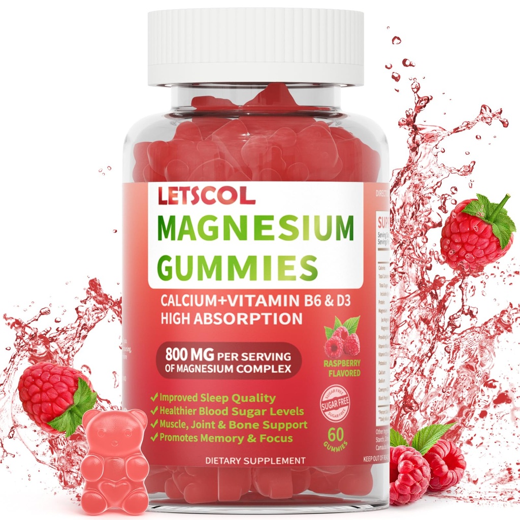 Gommies de magnésium glyciné 800mg par portion, supplément de magnésium sans sucre avec le malate de magnésium, Calcium, vitamine D3, B6, CoQ10 pour le soutien et le sommeil calme pour les adultes Enfants