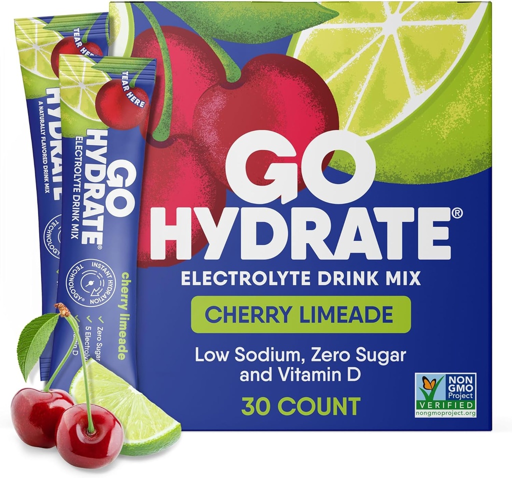 GoHydrate à faible teneur en sodium Electrolytes Poudre Packets Sans sucre - Hydratation instantanée Mélange quotidien - Zéro mélange d'eau de sucre Flaveur simple avec vitamine D - (Cherry Limeade, 30 paquets)