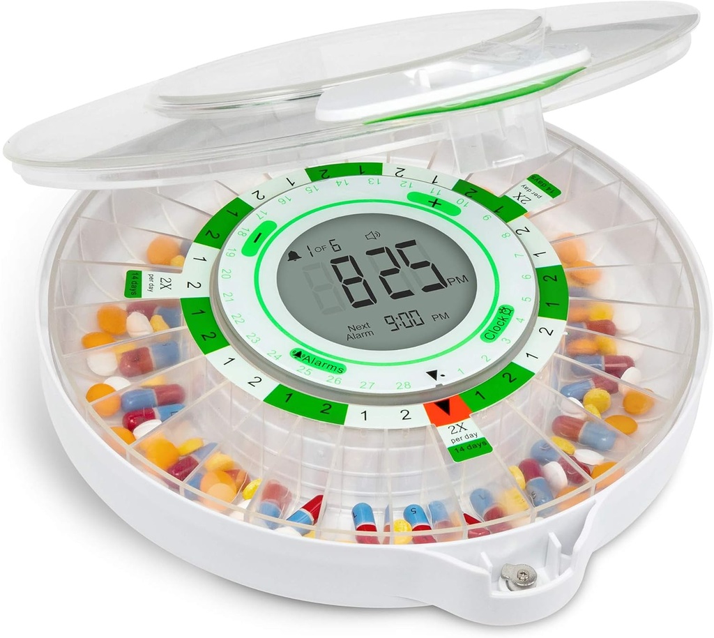 Distributeur automatique de pilules de 28 jours avec écran LCD amélioré, serrure à clés, son et lumière pour les prescriptions, médicaments, vitamines, suppléments et plus