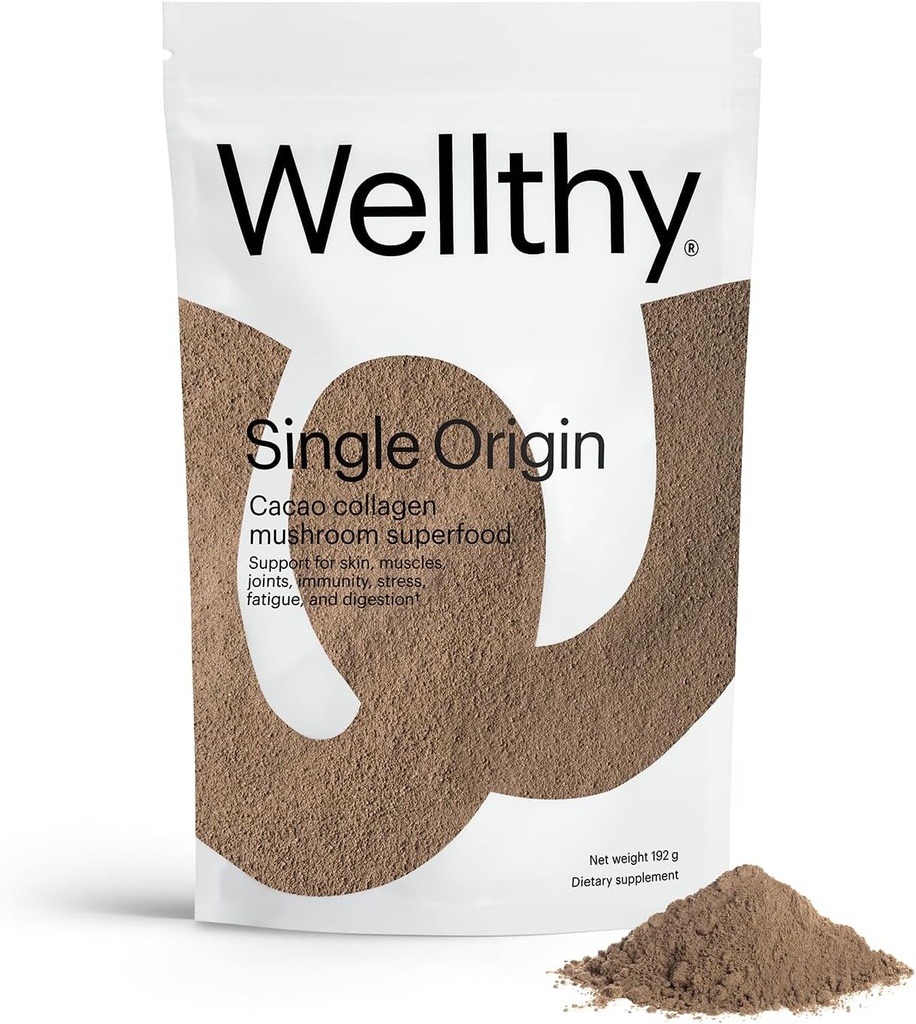 Wellthy Collagen Superfood Poudre, lutte contre le stress et la fatigue, Cacao, Poudre de champignons - Extraits de Chaga et Reishi biologiques, Matcha biologique certifié, sans allergène et sans OGM