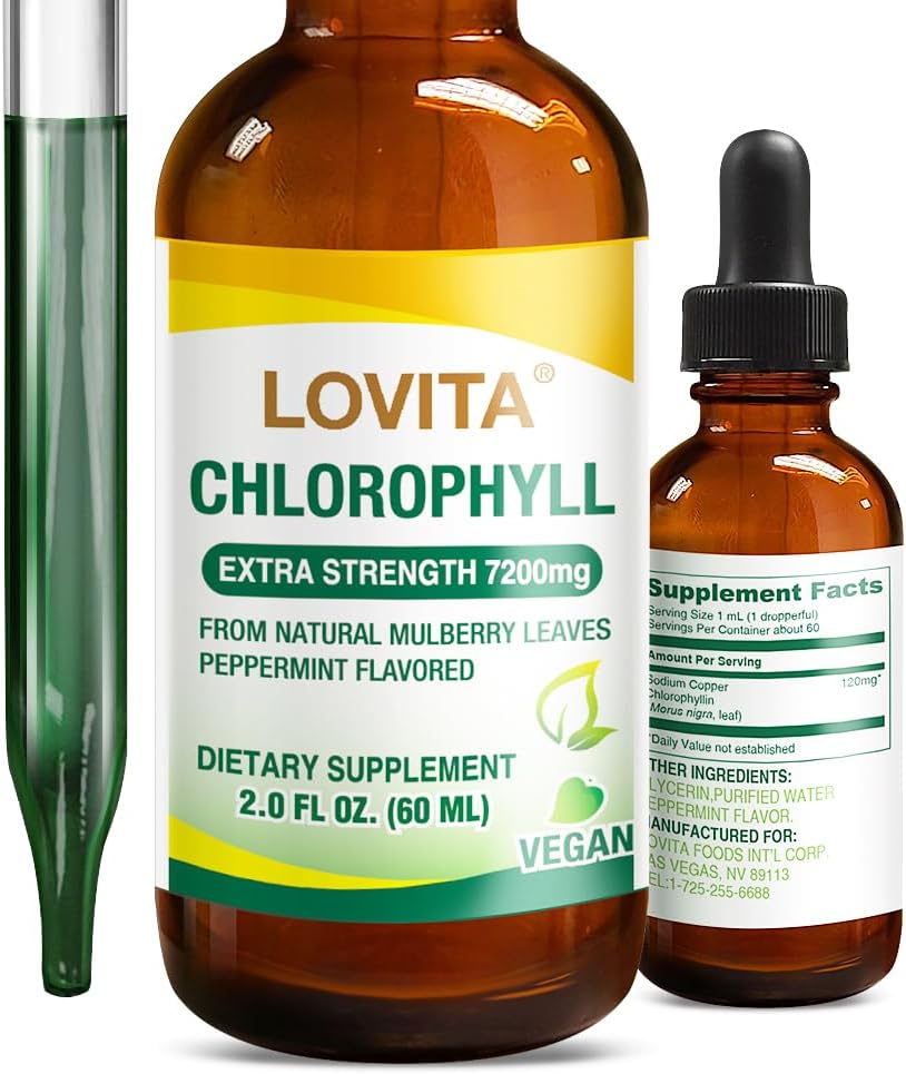 Lovita Chlorophylle gouttes liquides, haute puissance 120 mg/mL, 7 200 mg par bouteille, Booster d'énergie naturelle et soutien immunitaire, Déodorant interne, santé de la peau, végétalien et non-OGM, saveur de menthe, 60 portions 2 Oz