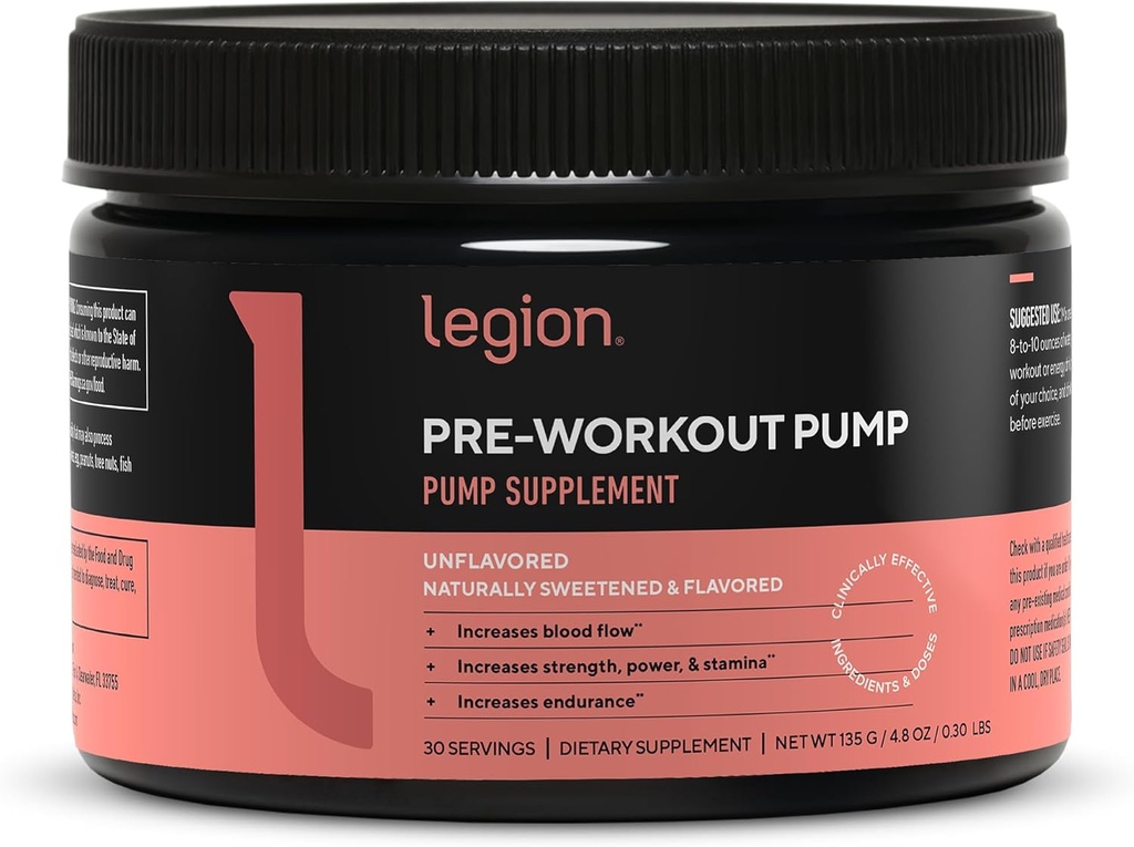 LÉGION Pompe de préentraînement - supplément d'arginine stimule la production d'oxyde nitrique - Booster d'oxyde nitrique aide à augmenter la force et l'endurance, favorise l'efficacité musculaire accrue (non aromatisé, 30 services)